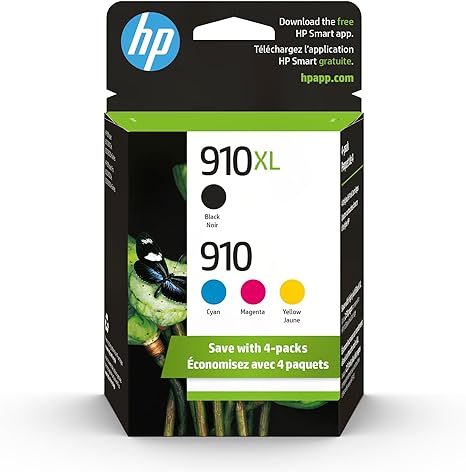 HP 910XL/910 Black High Yield and Cyan/Magenta/Yellow Standard Yield Ink Cartridge, 4/Pack (3JB41AN#140)